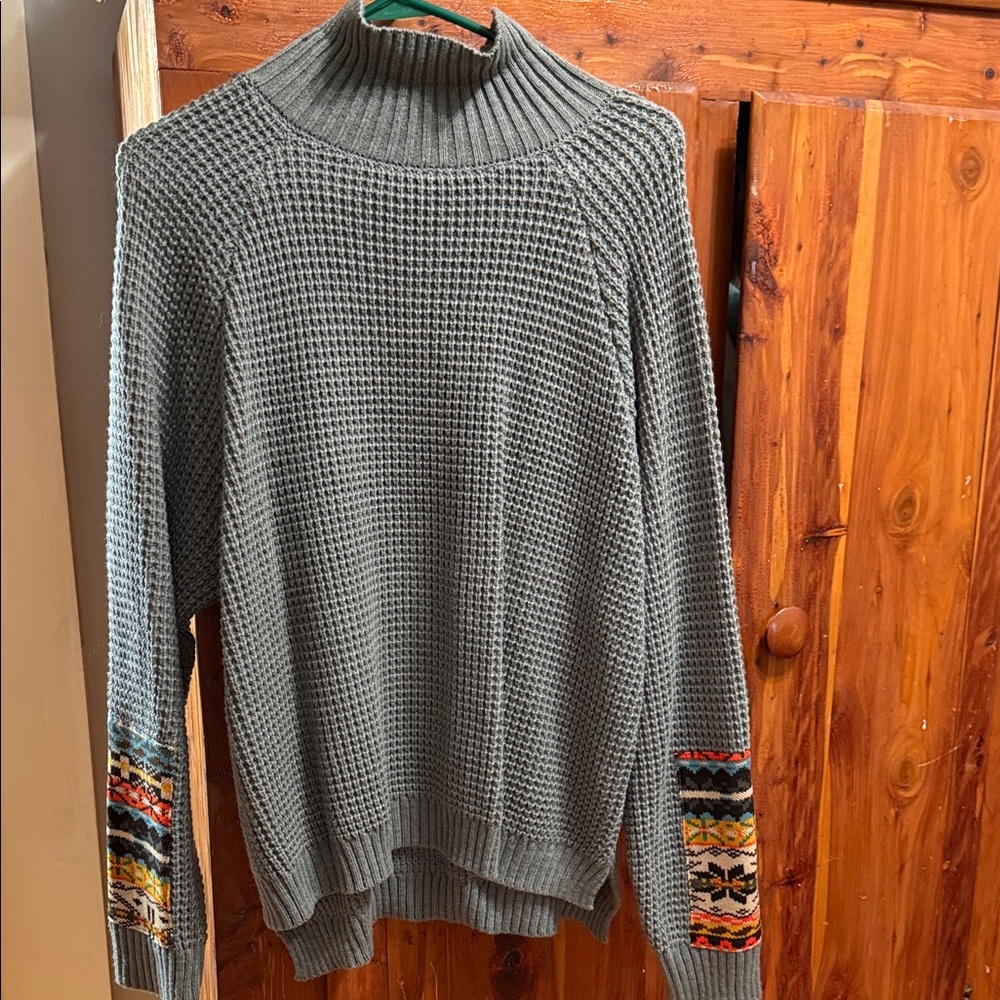 Waffle Knit Mock Neck Sweater with Embroidered Cuff Detail - Gray